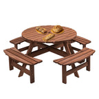 Ensemble de pique-nique et repas rond pour terrasse extérieure en bois de sapin, 8 personnes, avec 4 bancs intégrés et trou pour parasol