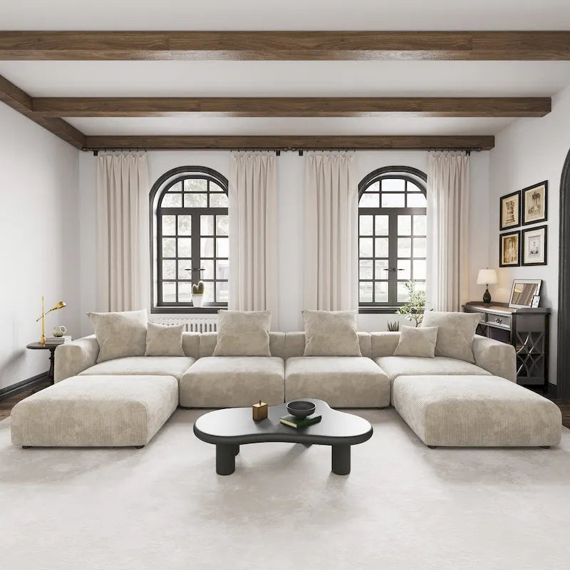 Grand canapé d’angle modulable en velours côtelé, en U, 4 places, avec 2 poufs et 5 coussins