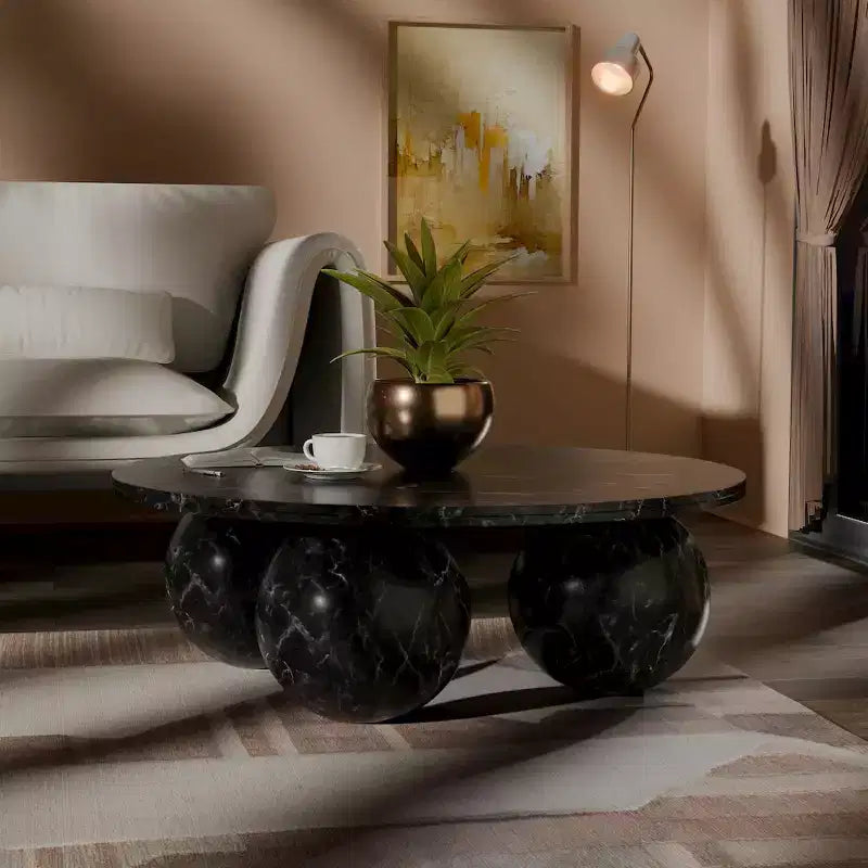 Table basse ronde en marbre avec pieds sphériques, multicolore, 4 places ??