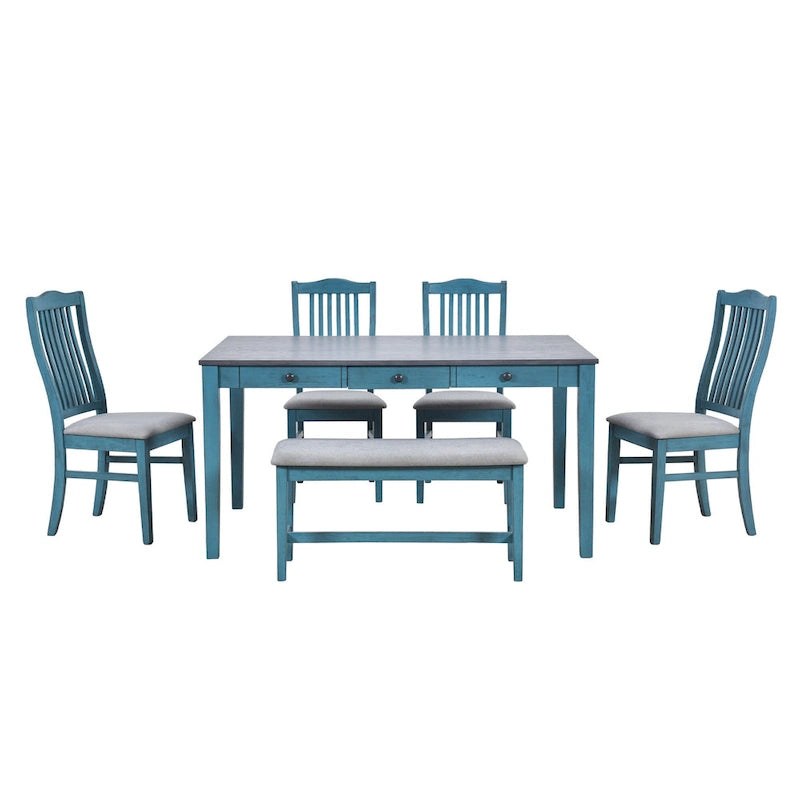 Set da pranzo in legno da 6 pezzi con 4 sedie e panca, tavolo con cassetto
