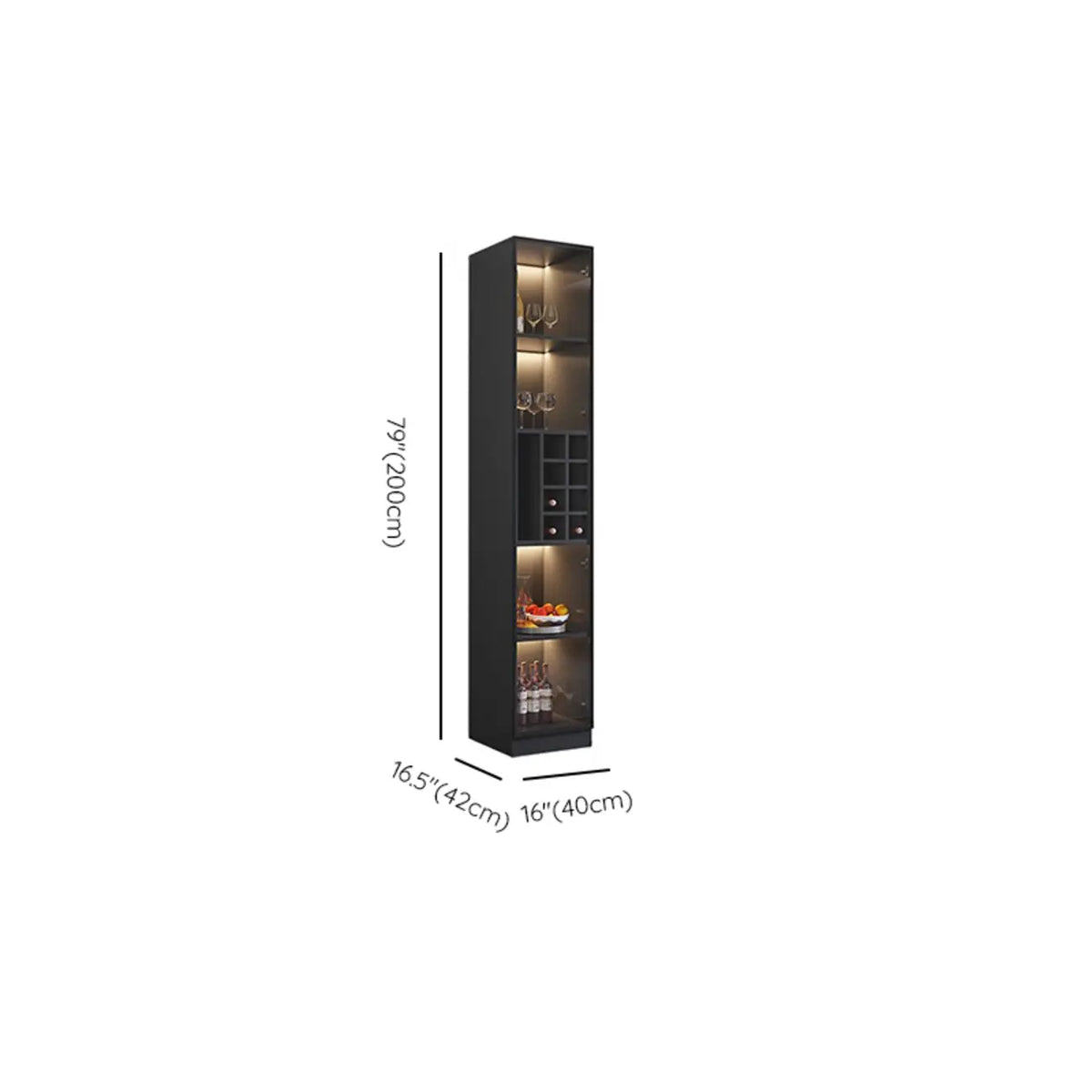 Credenza portabottiglie minimalista in legno nero con anta in vetro