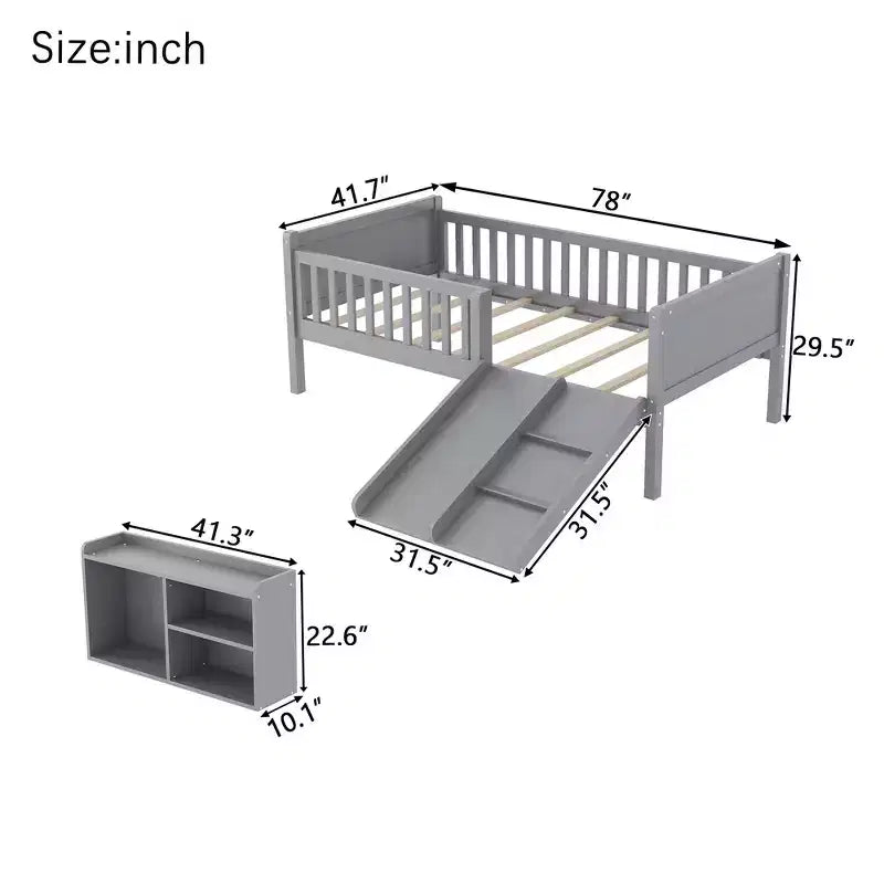 Cadre de lit mezzanine bas Whisen 1 place pour enfants avec toboggan, bibliothèque de rangement mobile et barrières de sécurité