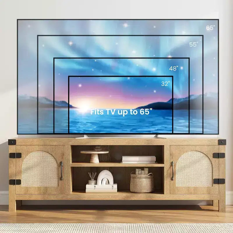 Meuble TV de style bohème de 65 pouces avec porte en rotin – meuble de divertissement en bois avec deux armoires et des étagères réglables, idéal pour les salons