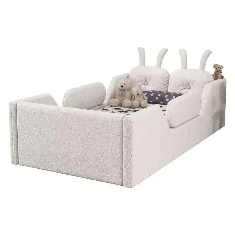 Letto a piattaforma singolo Whisen, struttura imbottita per letto a terra per bambini con cuscino a forma di coniglio e sponde laterali rimovibili
