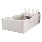 Letto a piattaforma singolo Whisen, struttura imbottita per letto a terra per bambini con cuscino a forma di coniglio e sponde laterali rimovibili