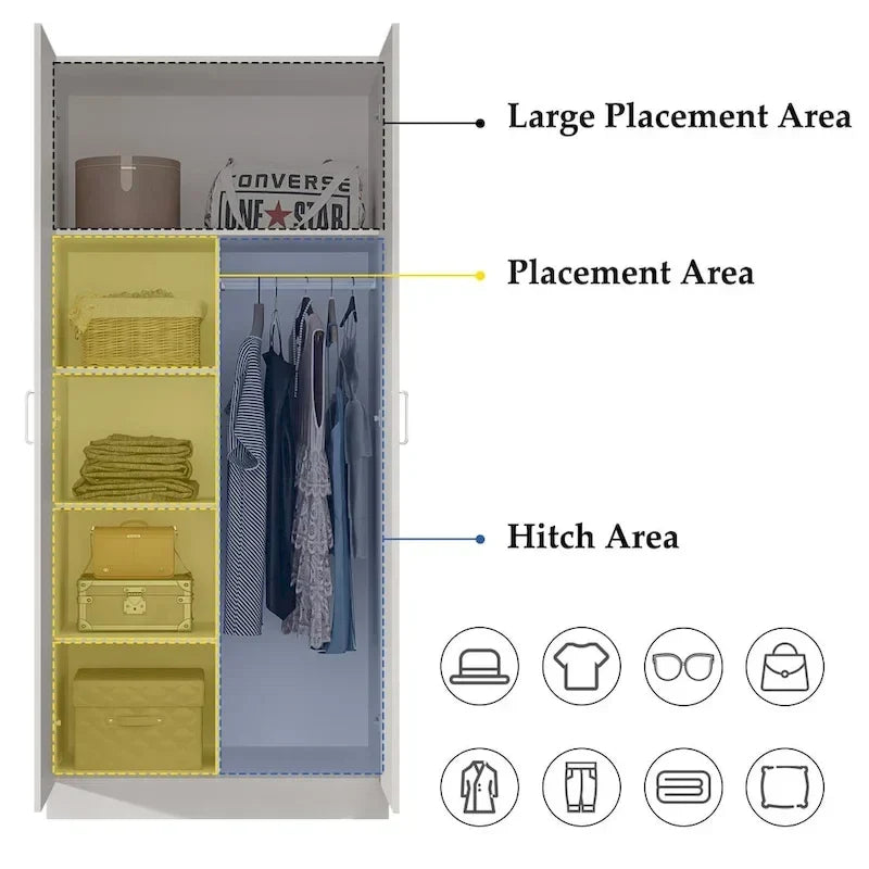 Armoire-penderie à 2 portes, armoire de chambre autoportante avec tringle