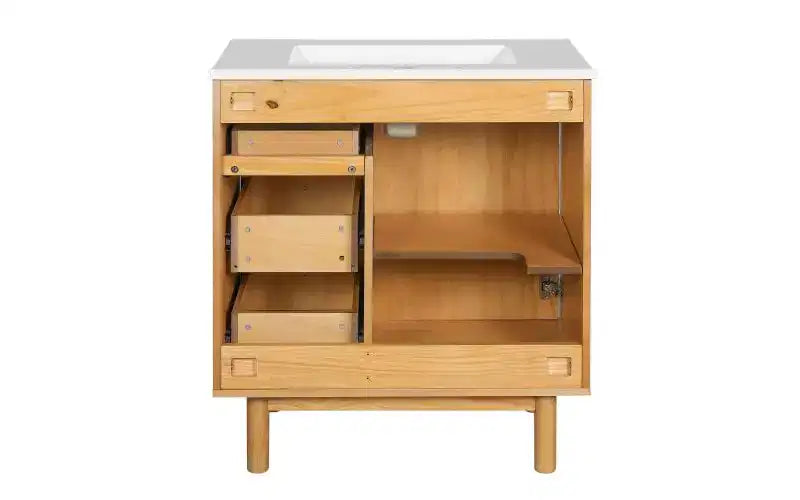 Meuble-lavabo en céramique JVNOXK de 30 po, style rustique moderne, avec 3 tiroirs et 1 grande porte à fermeture amortie, meuble de rangement à grain de bois naturel