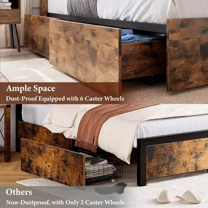 Eenpersoonsbedframe met opberghoofdbord, houten bedframe met 4 laden, boekenkast voor opbergruimte en kingsize platformbed met stevige metalen ondersteuning