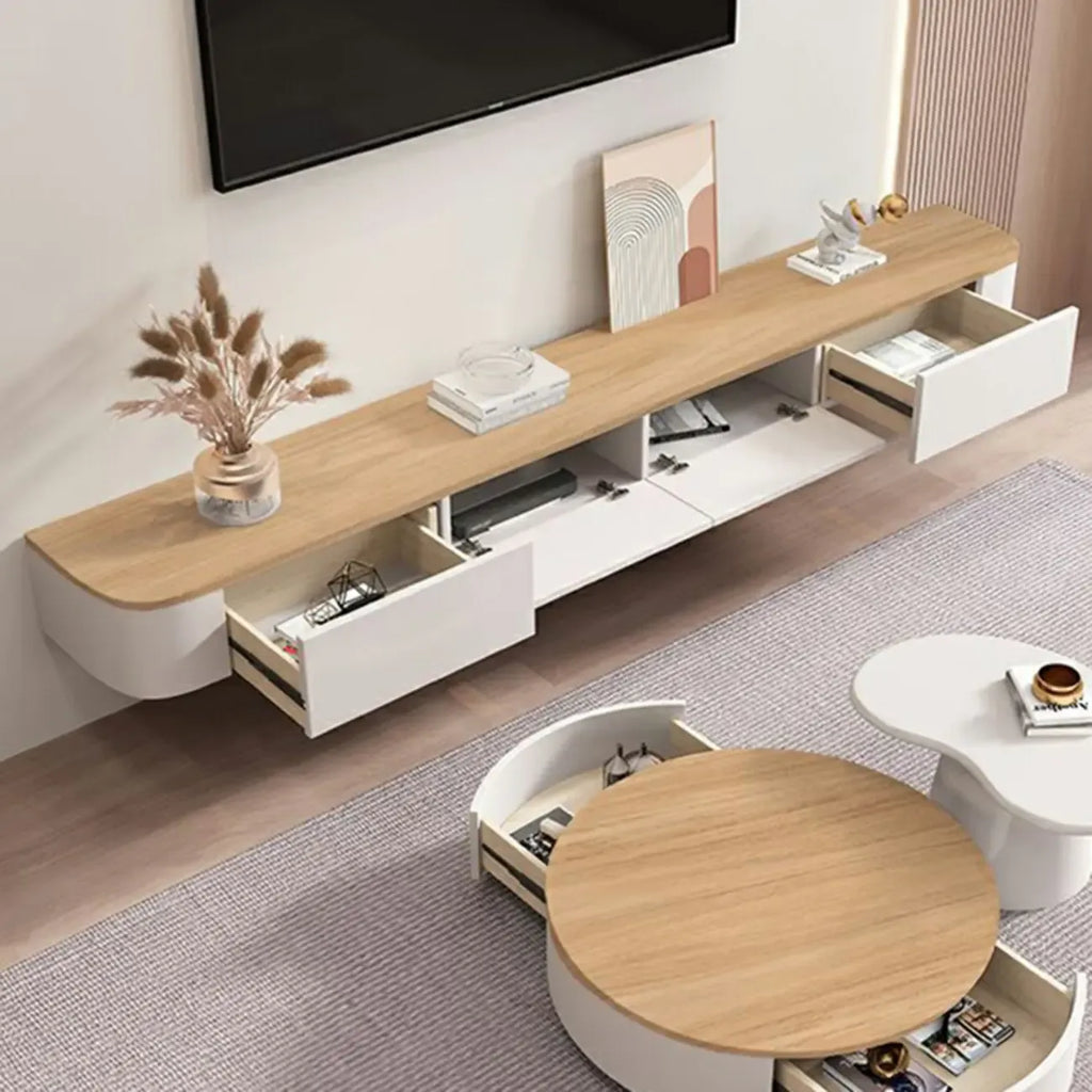 Mobile TV sospeso moderno, lungo e bianco, in legno, con cassetti