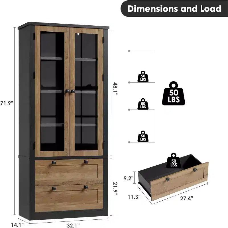 Dispensa da cucina in stile rustico con ante in vetro, mobile contenitore da 72 pollici con cassetti e ripiani regolabili per sala da pranzo, bagno e soggiorno