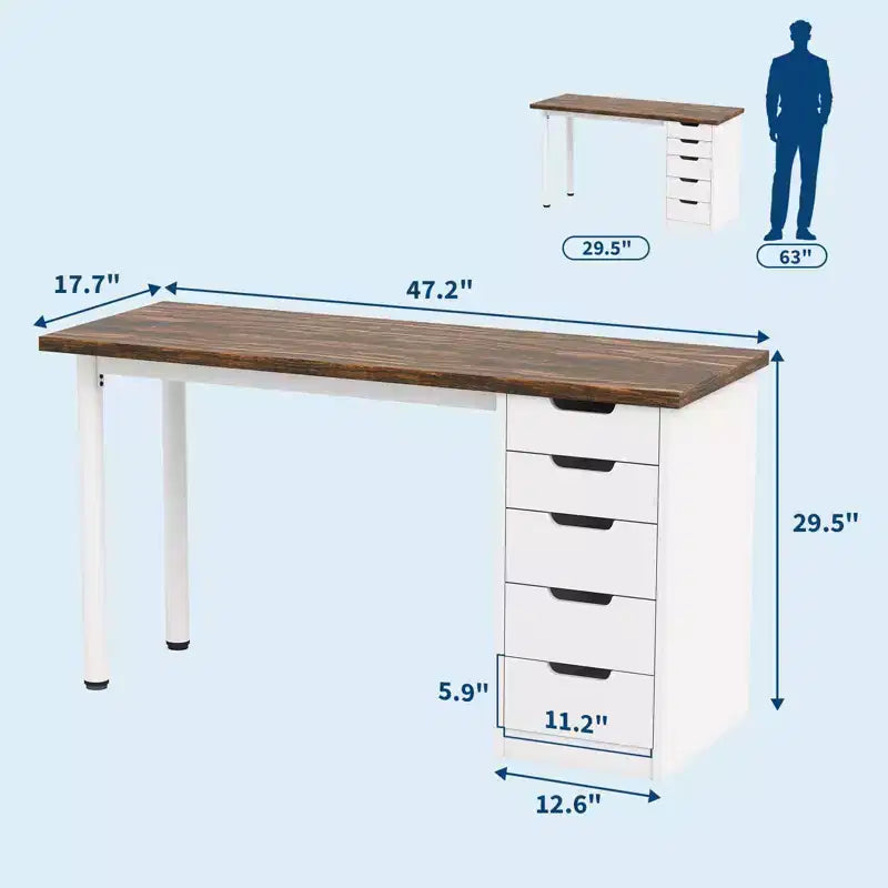 Scrivania per computer da 47 pollici con 5 cassetti portaoggetti, tavolo moderno rustico reversibile da studio e scrittura, postazione per ufficio domestico per piccoli spazi