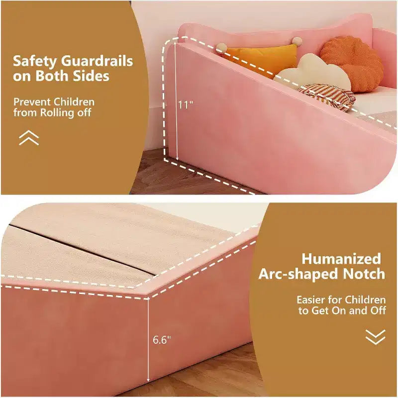 Letto per bambini JOYMOR, letto da pavimento con sponda di sicurezza, letto Montessori per bambini con forme di orecchie di animali, rosa