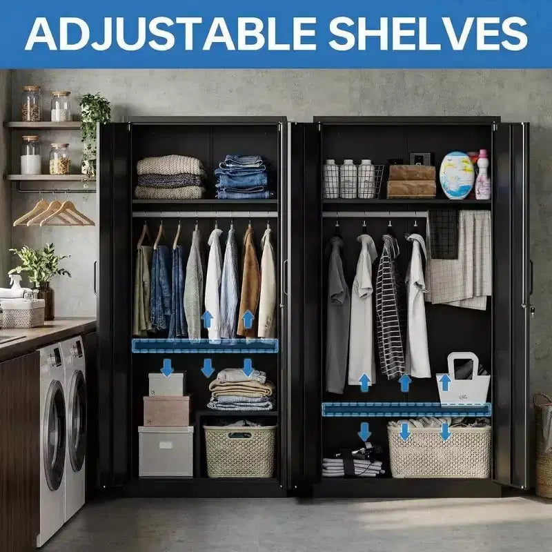 Armoire de 72 po avec serrure, armoires de rangement de garage en métal noir avec étagères réglables et tringle, meuble de rangement en métal pour la maison ou la chambre