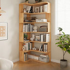 Libreria verticale in legno a forma di L con finitura naturale e schienale aperto