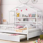 Struttura letto a casetta Acekool matrimoniale con letto estraibile singolo, cassetti contenitore e ripiani, tetto e recinzione, letto a piattaforma per bambini, bianco