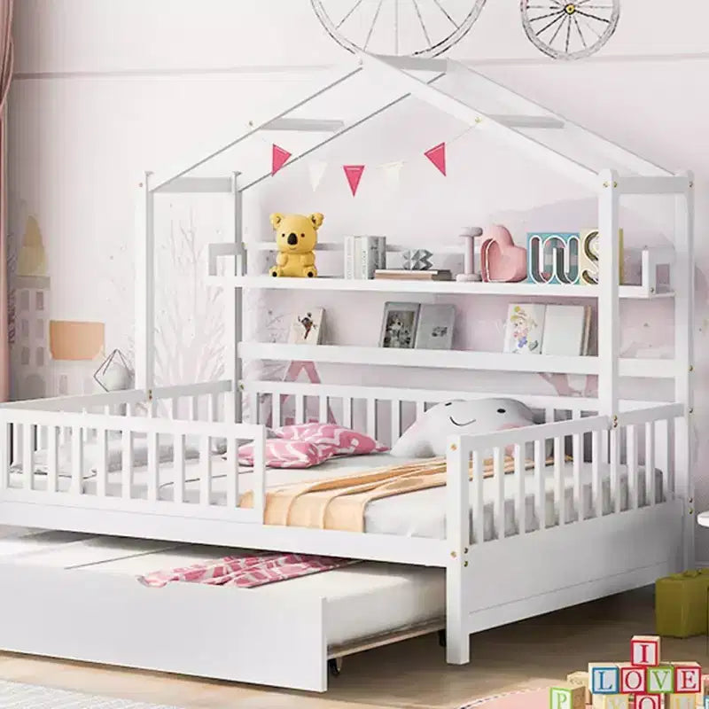 Struttura letto a casetta Acekool matrimoniale con letto estraibile singolo, cassetti contenitore e ripiani, tetto e recinzione, letto a piattaforma per bambini, bianco