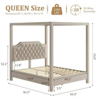 Cadre de lit à baldaquin Queen Size avec poteaux et supports d’angle à 4 coins, lattes en bois massif, sans sommier requis, silencieux