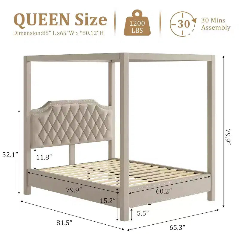 Cadre de lit à baldaquin Queen Size avec poteaux et supports d’angle à 4 coins, lattes en bois massif, sans sommier requis, silencieux