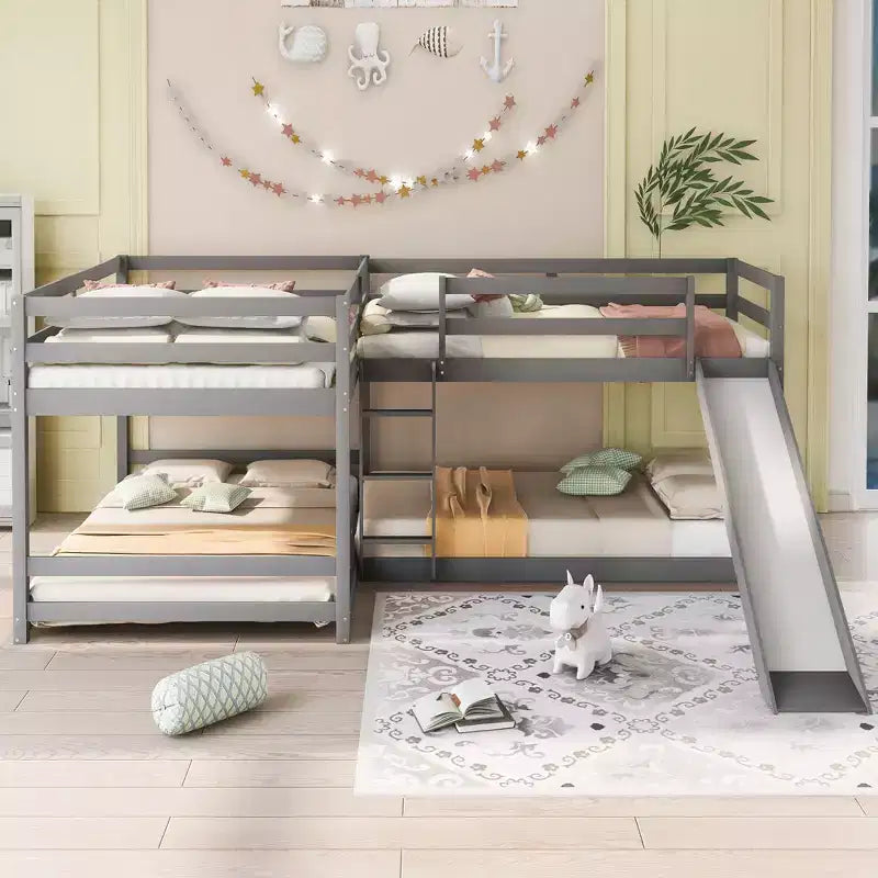 Lit superposé en L pour 4 enfants, lit superposé quadruple avec toboggan, structure en bois avec couchage double et simple pour chambre ou dortoir