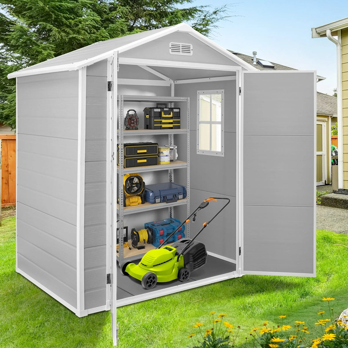 Abri de rangement extérieur en plastique et résine tout temps avec plancher, remise à outils Spire, 6 pi x 4 pi/6 pi x 8 pi/8 pi x 6 pi/8 pi x 10 pi
