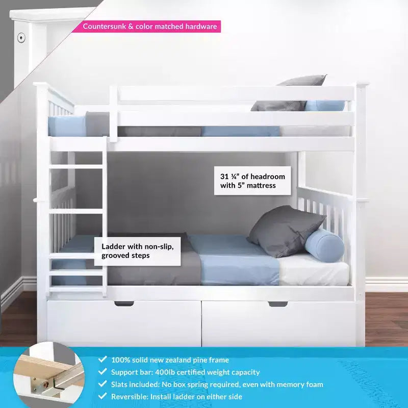 Etagenbett aus Massivholz, Einzelbett über Einzelbett, für Kinder mit Stauraumschubladen unter dem Bett