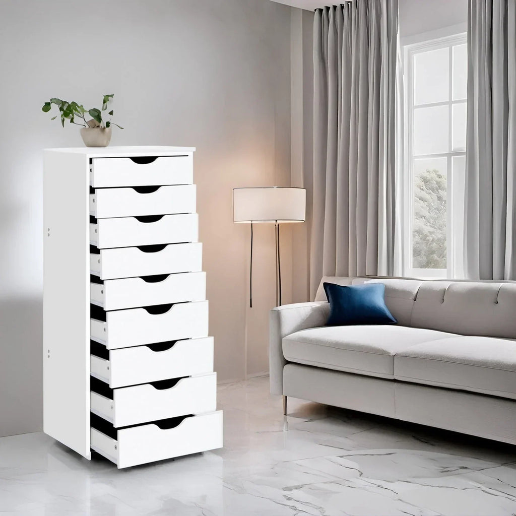 Meuble étroit en bois à 9 tiroirs avec tiroirs à coulissement fluide et étagère de rangement supérieure