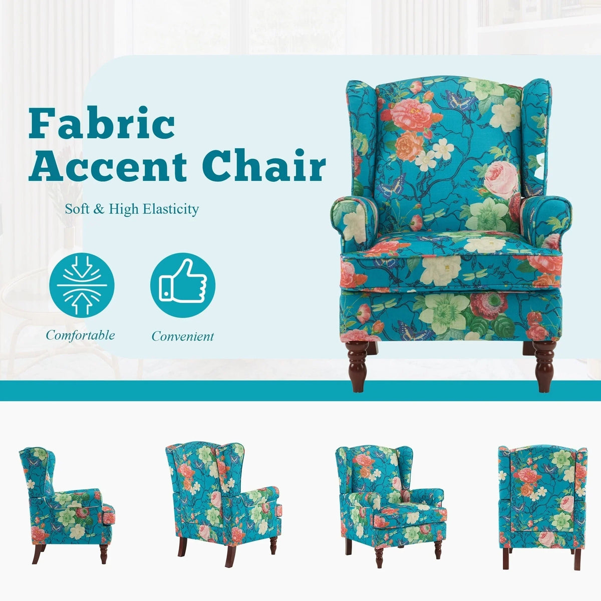 Fauteuil d’appoint moderne Erommy, fauteuil à dossier haut, canapé une place en tissu rembourré avec boutons et pieds en bois pour le salon