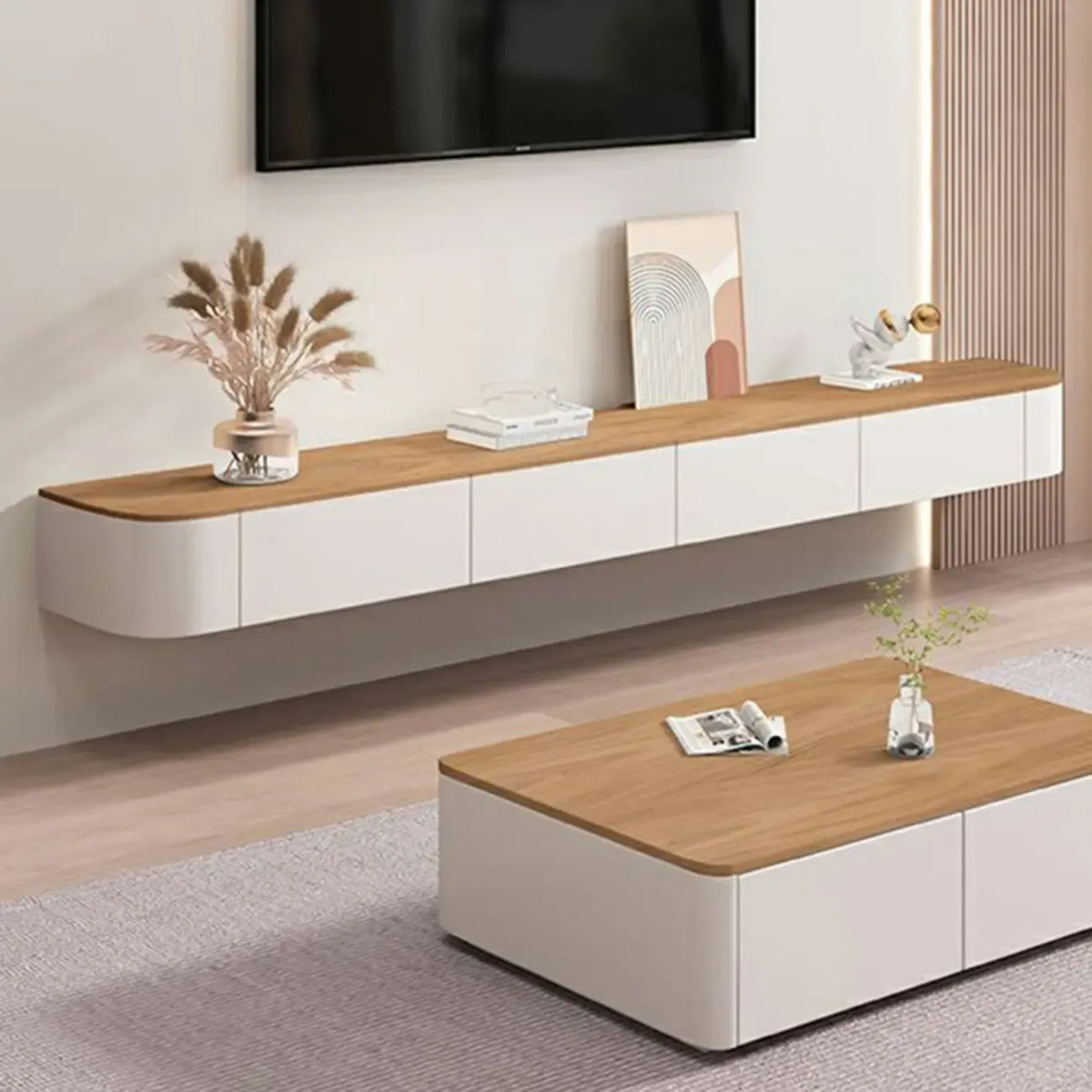 Mobile TV sospeso moderno, lungo e bianco, in legno, con cassetti