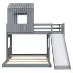 Lit superposé en bois Luxystar avec couchage supérieur une place et inférieur deux places, maisonnette, toboggan et barrières de sécurité