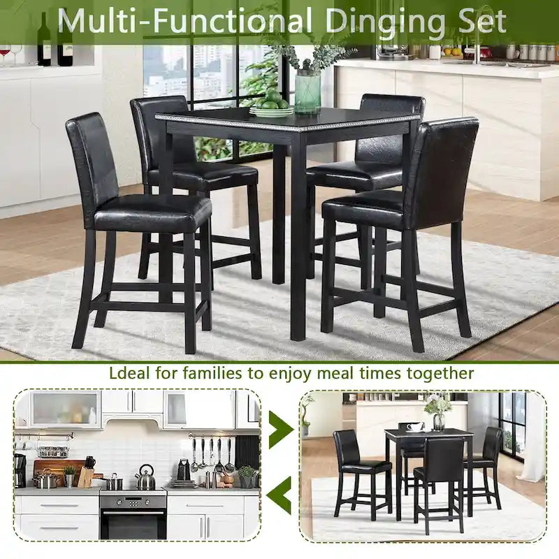 Set da pranzo moderno da 5 pezzi con tavolo quadrato ad altezza bancone e 4 sedie imbottite