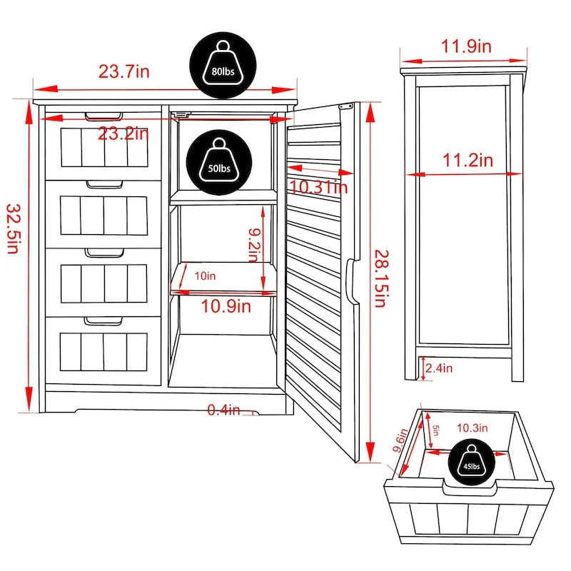 Meuble de rangement bas pour salle de bains VEIKOUS avec 4 tiroirs