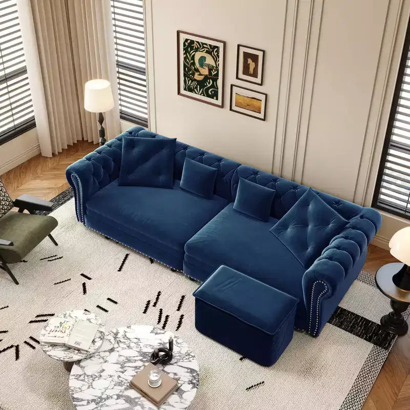 Canapé-lit escamotable et convertible Whisen en velours, format très grand lit, 3-en-1, avec ottoman amovible et design capitonné