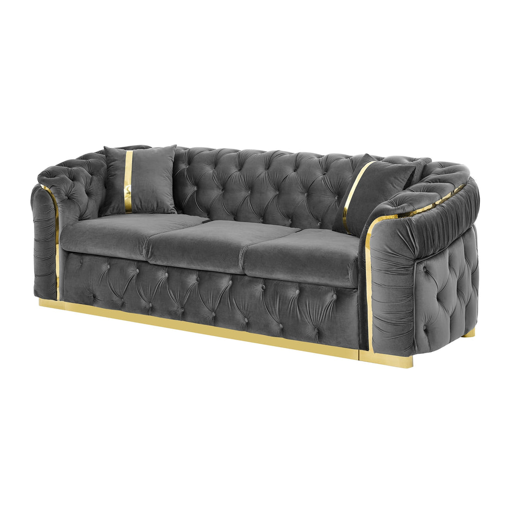 Canapé 3 places en velours de 90,6 avec 2 coussins, coussins haute densité, accents dorés et oreillers