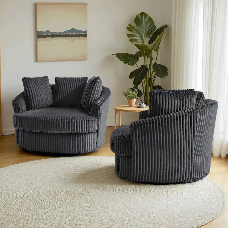 2er-Set übergroße 43 W Plüsch-Cordsessel mit Drehfunktion und Kissen