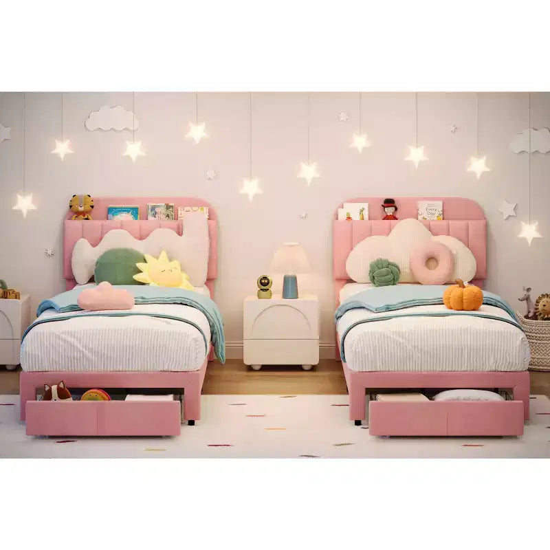 Cadre de lit simple 2 pièces avec tiroirs de rangement et tête de lit, rembourrage en velours, profil bas, silencieux, montage facile, rose