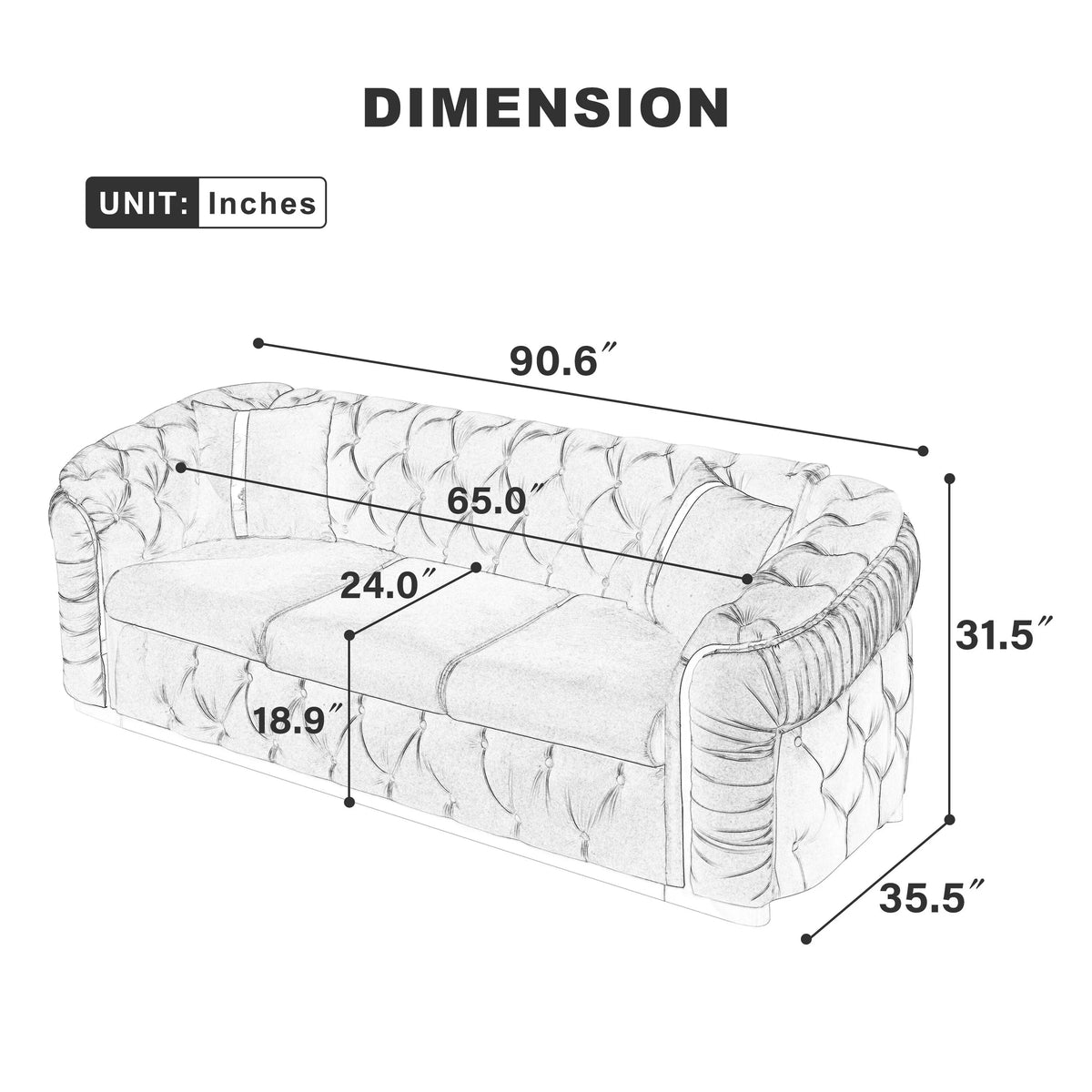 Canapé 3 places en velours de 90,6 avec 2 coussins, coussins haute densité, accents dorés et oreillers