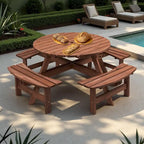 Ensemble de pique-nique et repas rond pour terrasse extérieure en bois de sapin, 8 personnes, avec 4 bancs intégrés et trou pour parasol