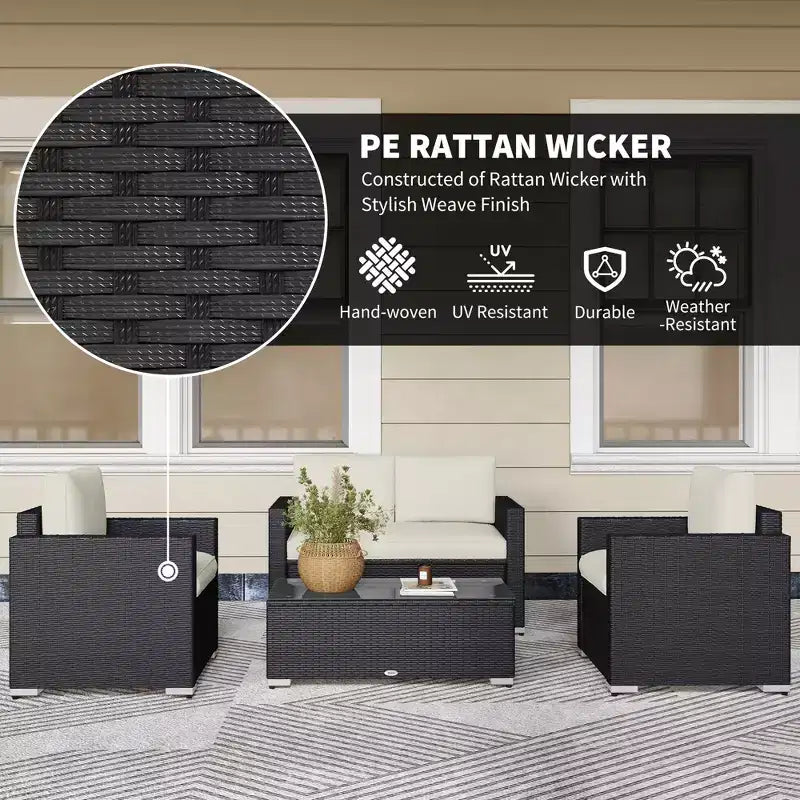 Set da giardino in rattan da 4 pezzi, set da patio in vimini con divanetto, sedie e tavolino da caffè con piano in vetro