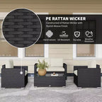 Set da giardino in rattan da 4 pezzi, set da patio in vimini con divanetto, sedie e tavolino da caffè con piano in vetro