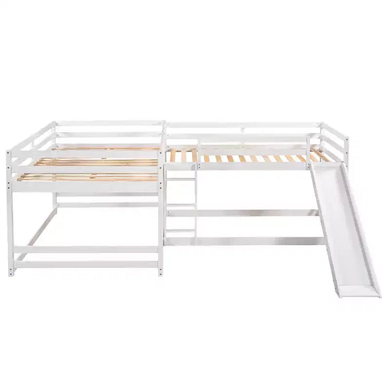 Lit superposé en L pour 4 enfants, lit superposé quadruple avec toboggan, structure en bois avec couchage double et simple pour chambre ou dortoir
