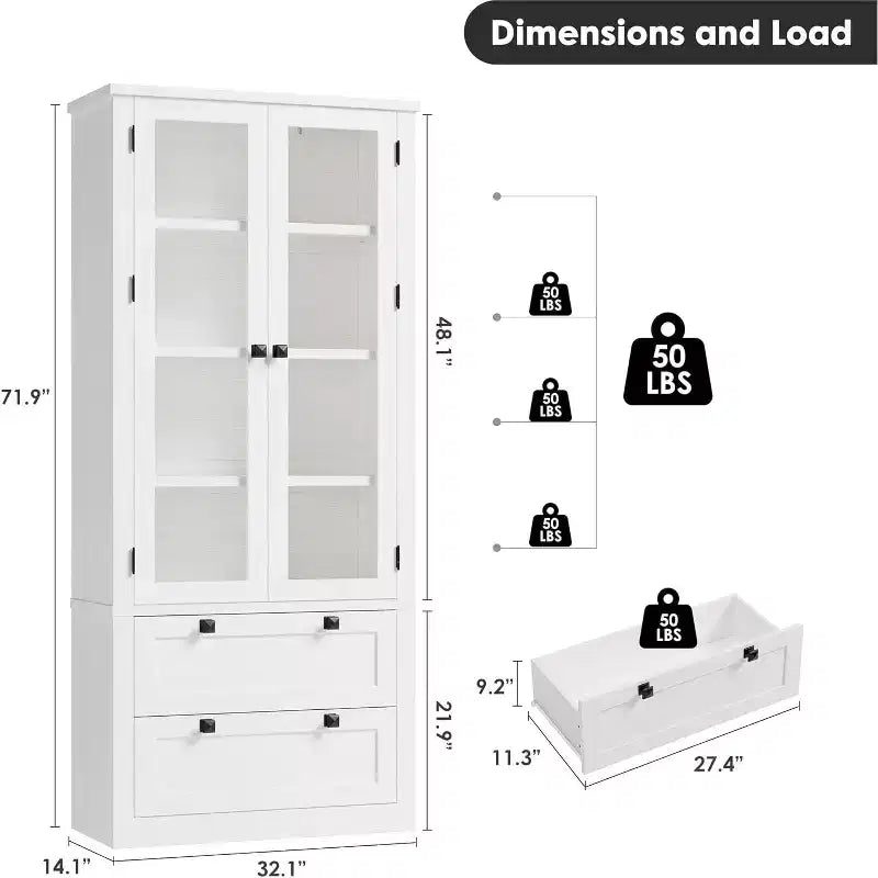 Dispensa da cucina in stile rustico con ante in vetro, mobile contenitore da 72 pollici con cassetti e ripiani regolabili per sala da pranzo, bagno e soggiorno