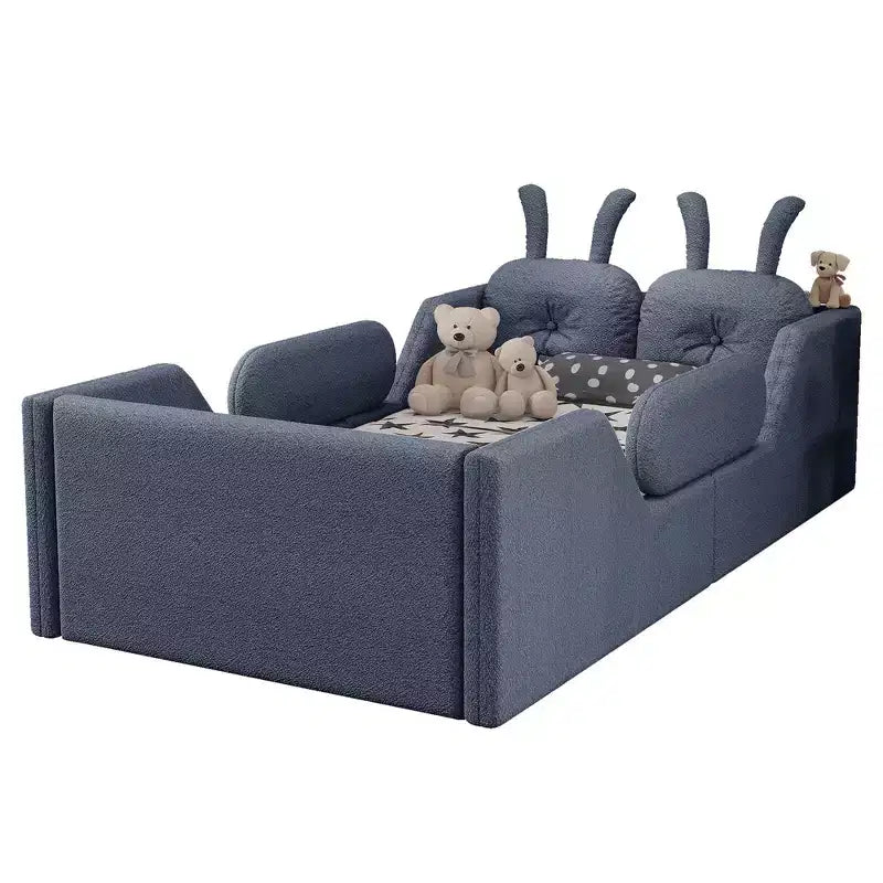 Letto a piattaforma singolo Whisen, struttura imbottita per letto a terra per bambini con cuscino a forma di coniglio e sponde laterali rimovibili