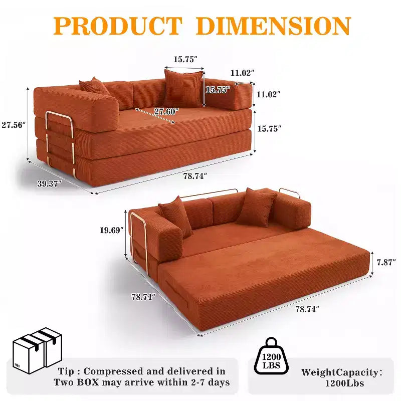 Canapé-lit pliant Dyonery 78 convertible en canapé en velours côtelé, format king, couchage au sol, 4-en-1, canapé modulaire à combiner soi-même, confortable et dépliant