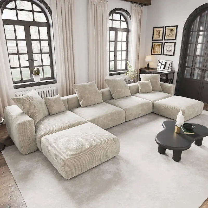 Grand canapé d’angle modulable en velours côtelé, en U, 4 places, avec 2 poufs et 5 coussins