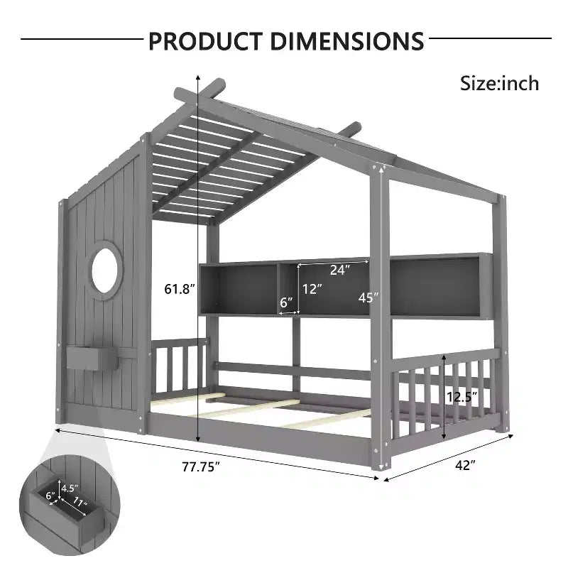 Cadre de lit plateforme en forme de maison, format une place et demie/double, lit cabane au sol pour tout-petit, lit Montessori pour enfant, lit maison de jeu avec étagère de rangement – ModernLuxe