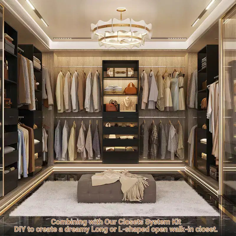 Système d’organisation de dressing en bois Besiost de 4 à 9 pieds avec 4 tiroirs, 4 tringles et des colonnes d’étagères