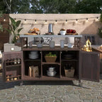 Îlot de cuisine extérieur Okak avec plateau en acier inoxydable, desserte de cuisine en bois avec portes, étagères et porte-épices, îlot de cuisine à roulettes