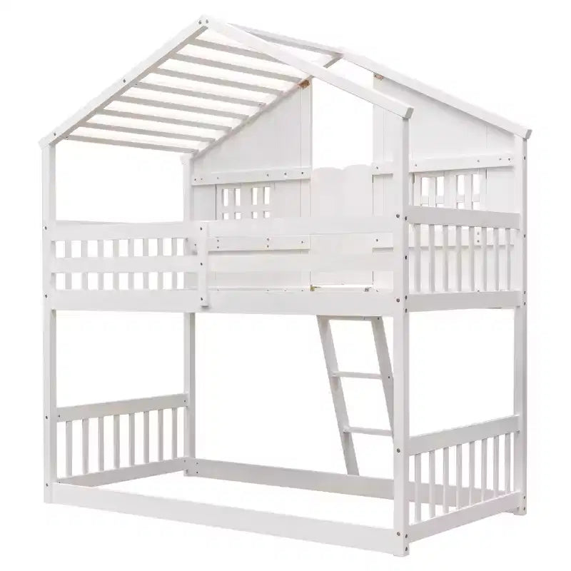 Letto a soppalco matrimoniale singolo a forma di casetta, letto rialzato in legno tipo casetta con scaletta e sponde di sicurezza per bambini