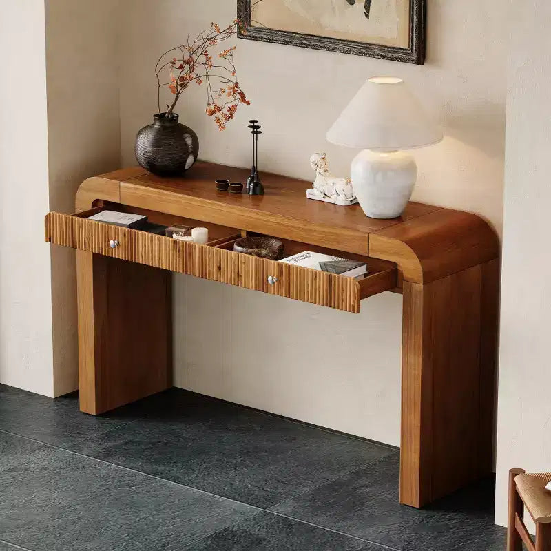 Table console rustique Whisen, table d’entrée et table d’appoint avec façade de tiroir cannelée