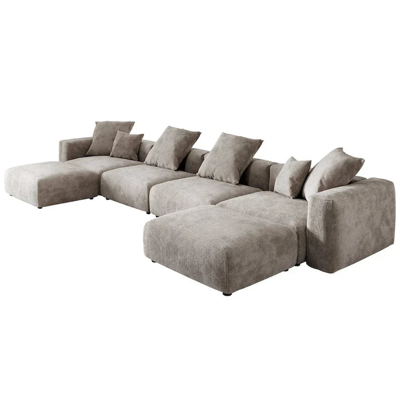 Grand canapé d’angle modulable en velours côtelé, en U, 4 places, avec 2 poufs et 5 coussins